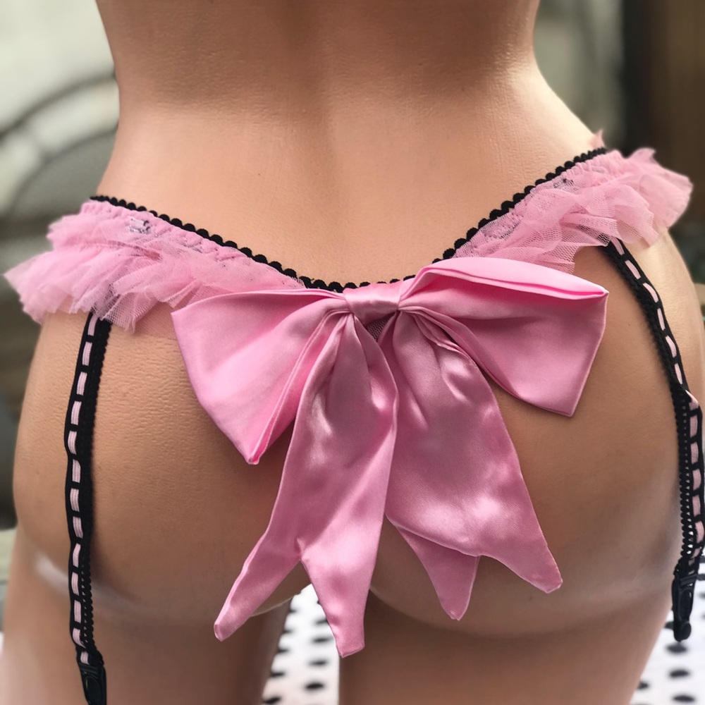Pink black sequin star pasties bra panty garter pinup rockabilly cowgirl ruffle